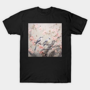 Grey and pink chinoiserie painting with birds and flowers T-Shirt